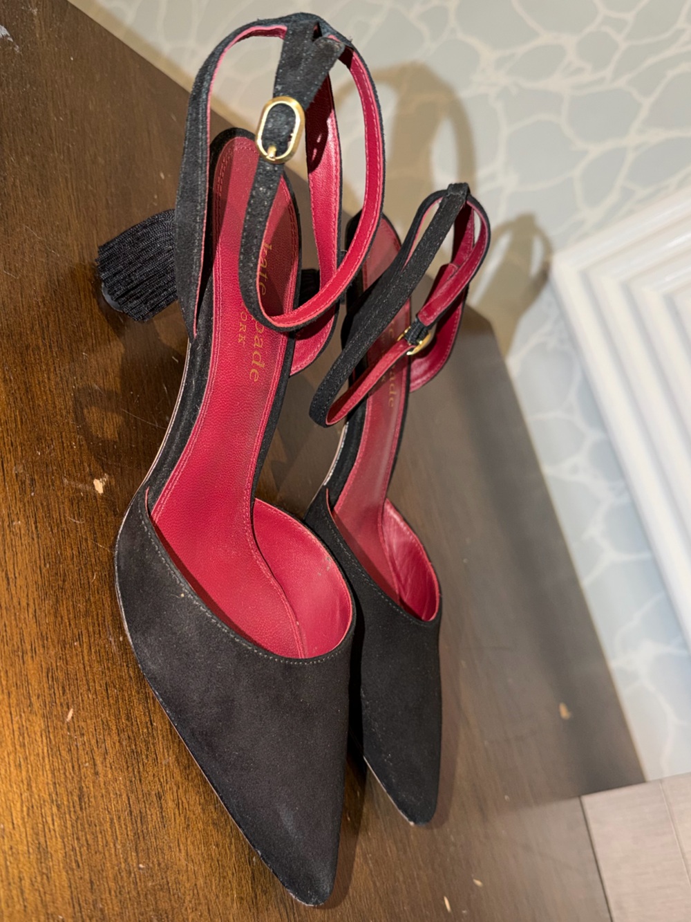 kate spade Black Suede Pointed Slingback Heels with Red Insole